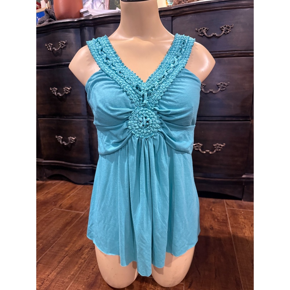 Debbie Miller for Rigo Turquoise Crochet V-Neck Babydoll Tank Top Large T-270-TR
